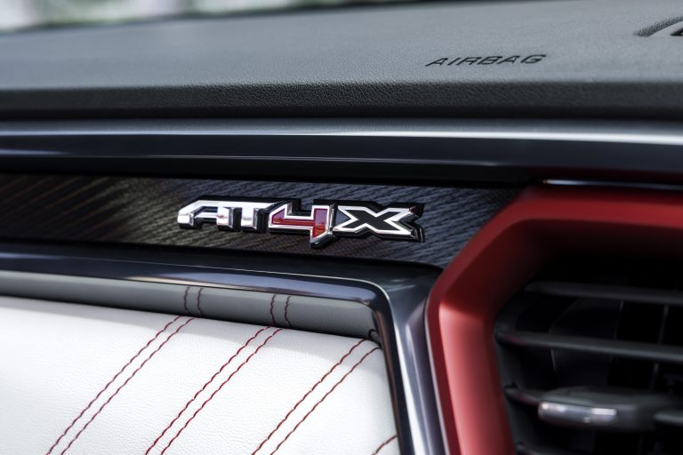 Detail view of AT4X logo featured in the vehicle interior.