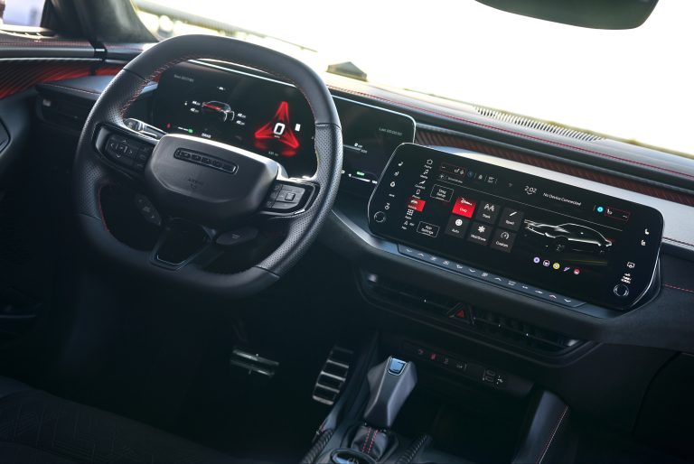 Dodge Charger Daytona Scat Pack interior with 16-inch instrument cluster and 12.3-inch standard central touchscreen.